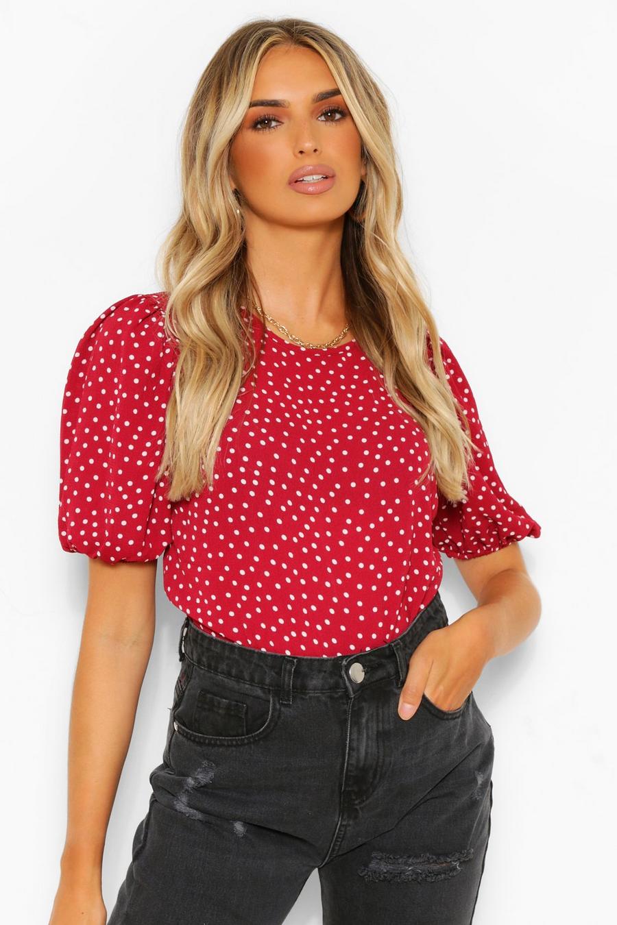 Berry Puff Sleeve Polka Dot Blouse image number 1