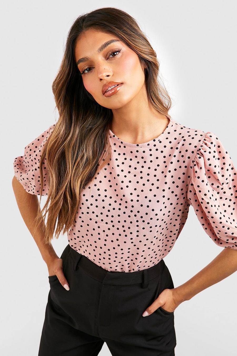 Blusa con estampado de lunares y mangas abullonadas, Blush rosa image number 1