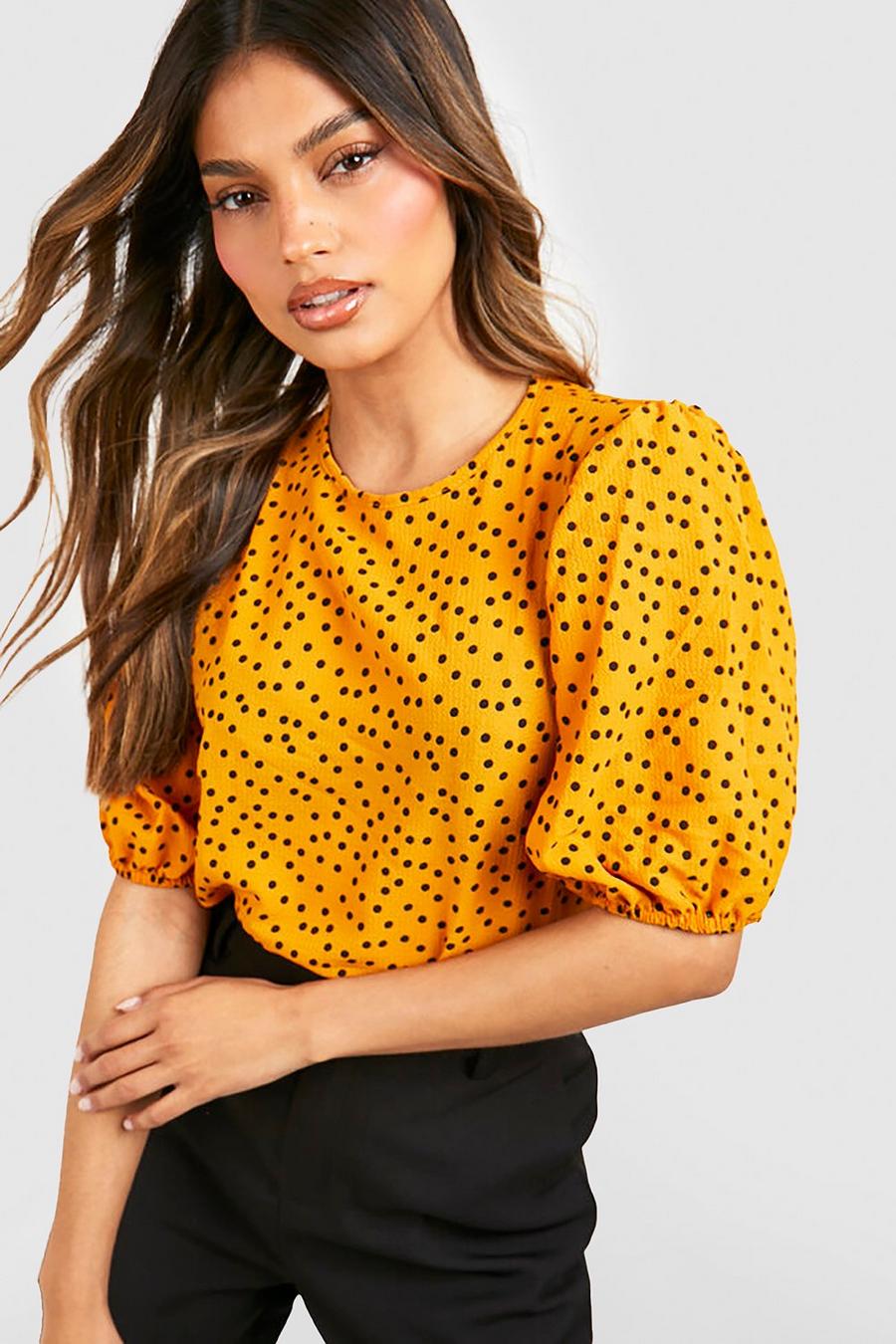 Blusa con estampado de lunares y mangas abullonadas, Mustard image number 1