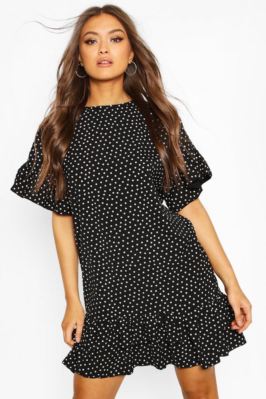 Black Frill Sleeve & Hem Polka Dot Shift Dress image number 1