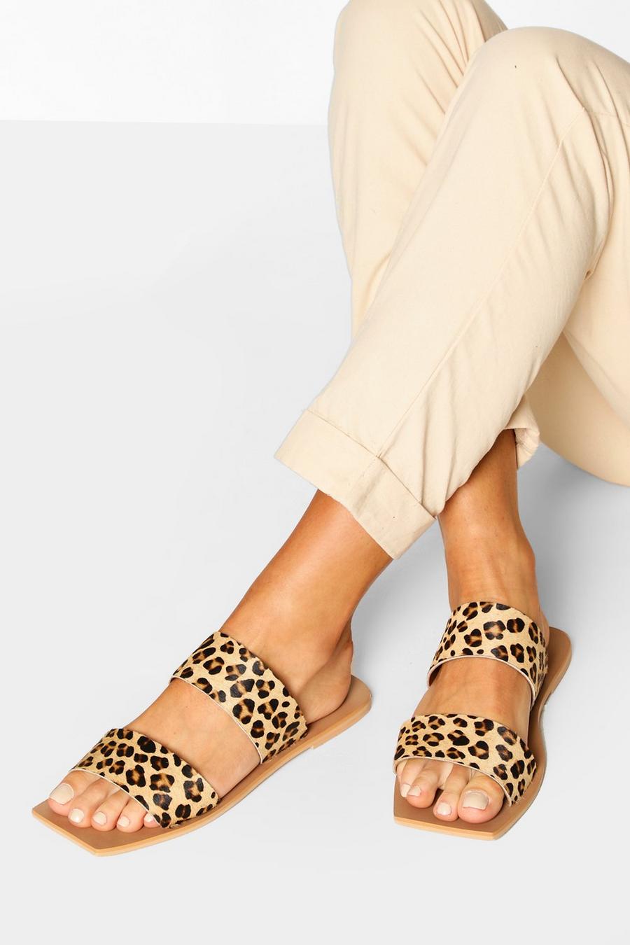 Wide Fit Leopard Double Strap Square Toe Sliders image number 1