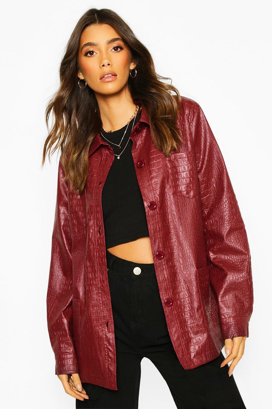 Wine Faux Croc Leather Look Belted Trench Coat image number 1