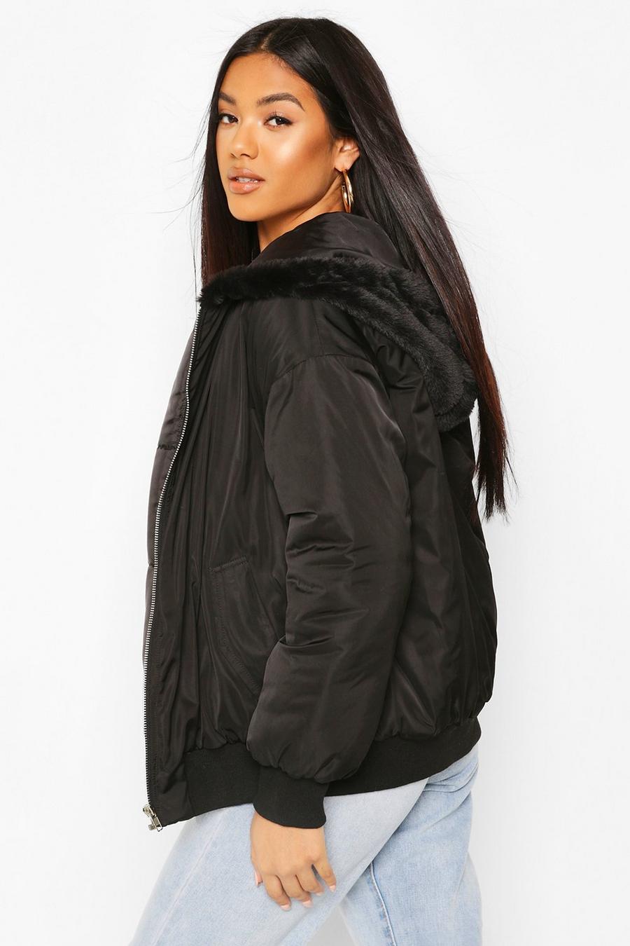Faux Fur Lined Bomber Hooded Jacket