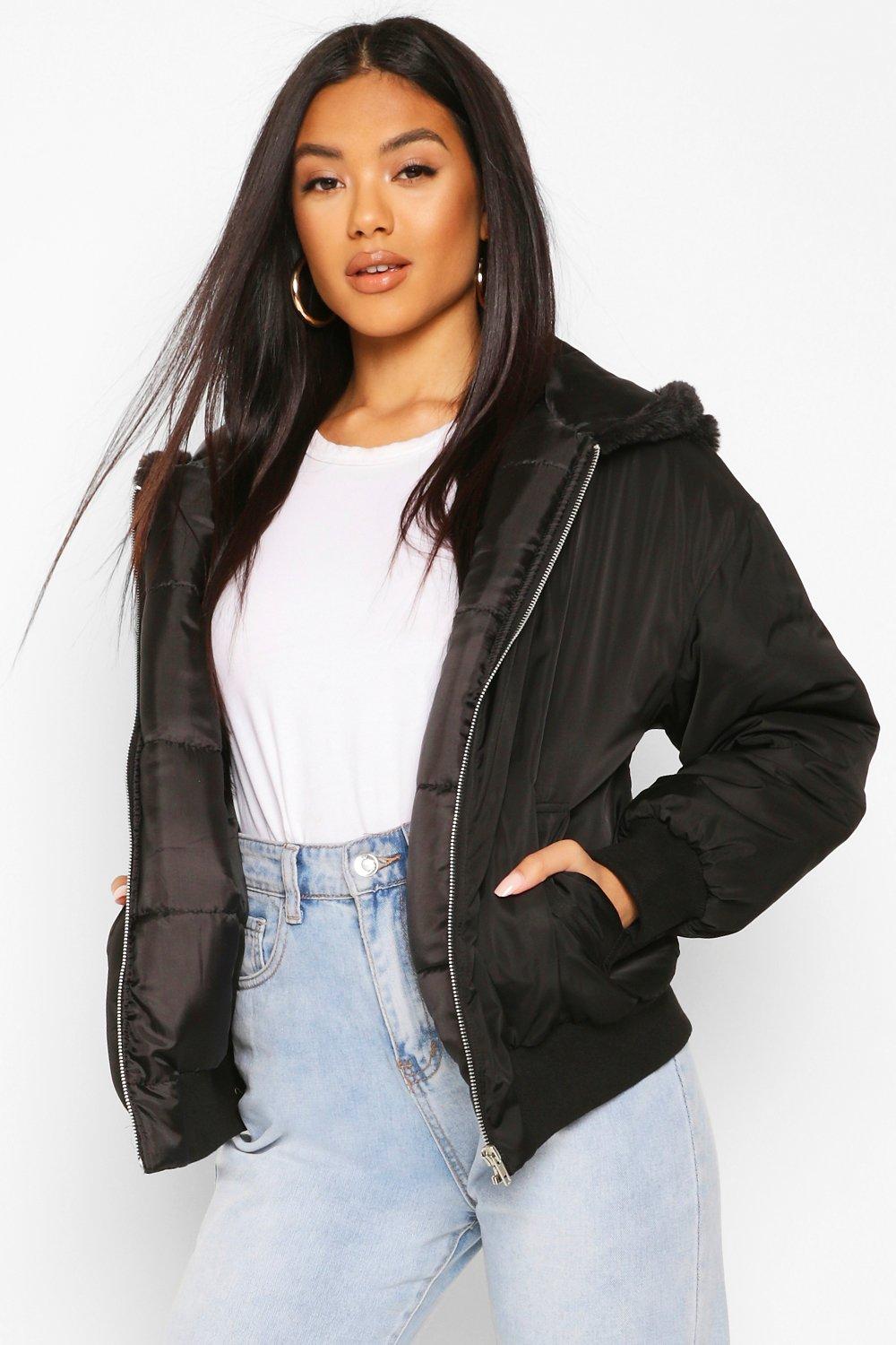 Faux Fur Lined Bomber Hooded Jacket