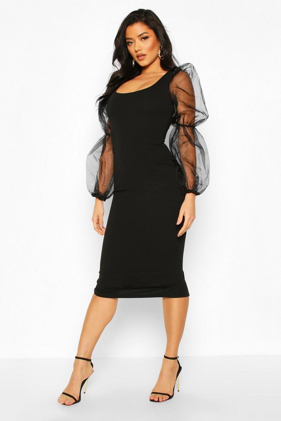 Scoop Neck Bodycon Dress With Organza Puff Sleeve image number 1