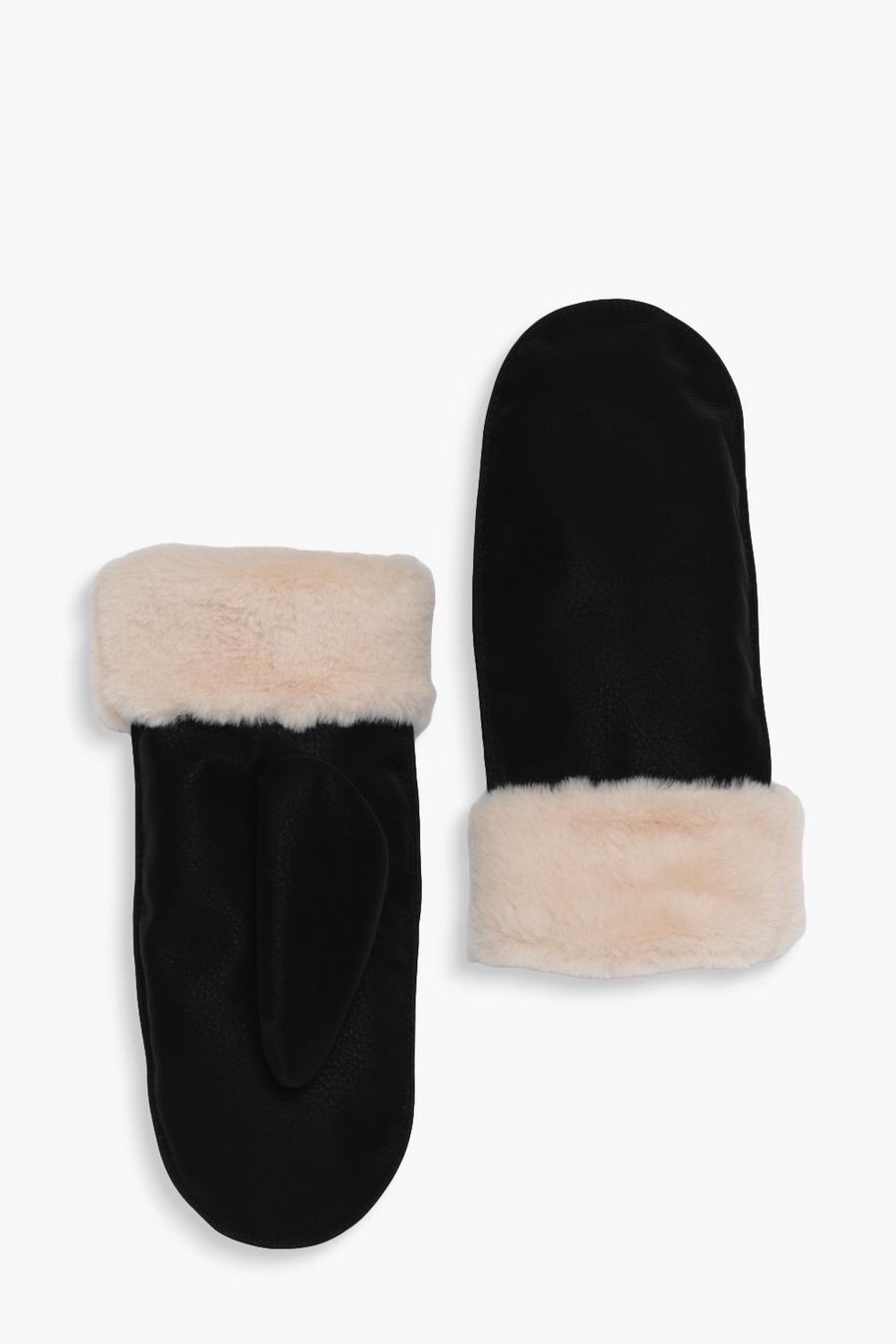 Black negro Suedette Faux Fur Lined Mittens image number 1