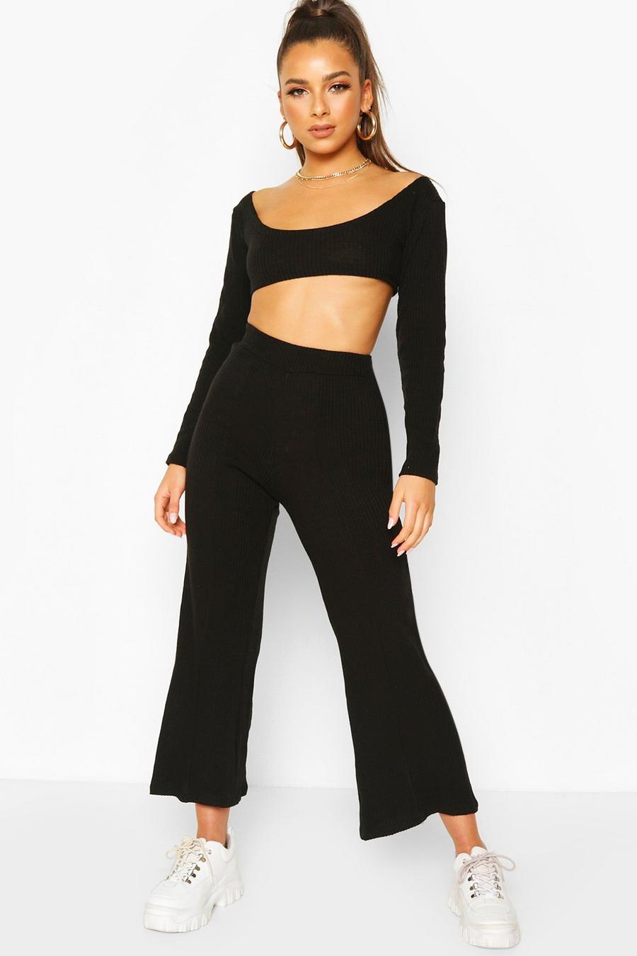 Black Knitted Long Sleeve Crop Top & Culotte Co-ord image number 1
