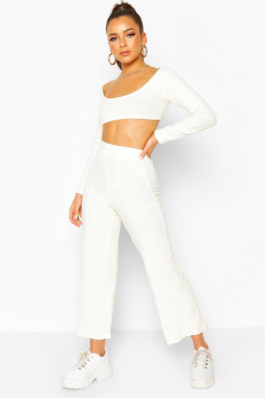 Ivory Knitted Long Sleeve Crop Top & Culotte Co-ord image number 1