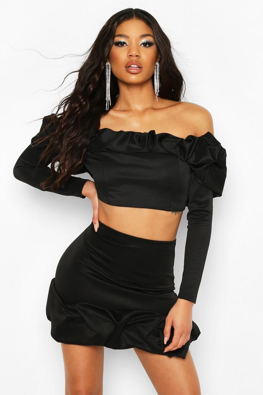 Black Recycled Bardot Scrunched Crop Top image number 1