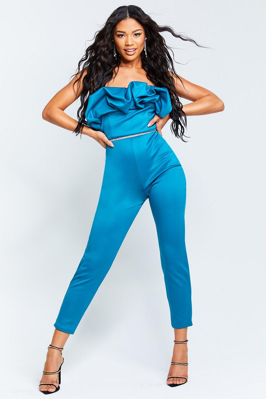 Teal Bandeau Jumpsuit with Scrunched Ruffle image number 1
