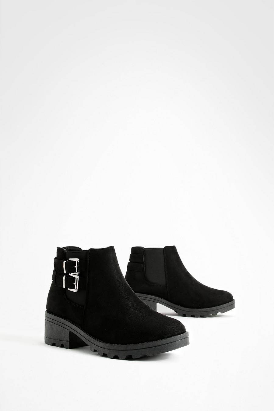 Black schwarz Buckle Detail Block Heel Chelsea Boots