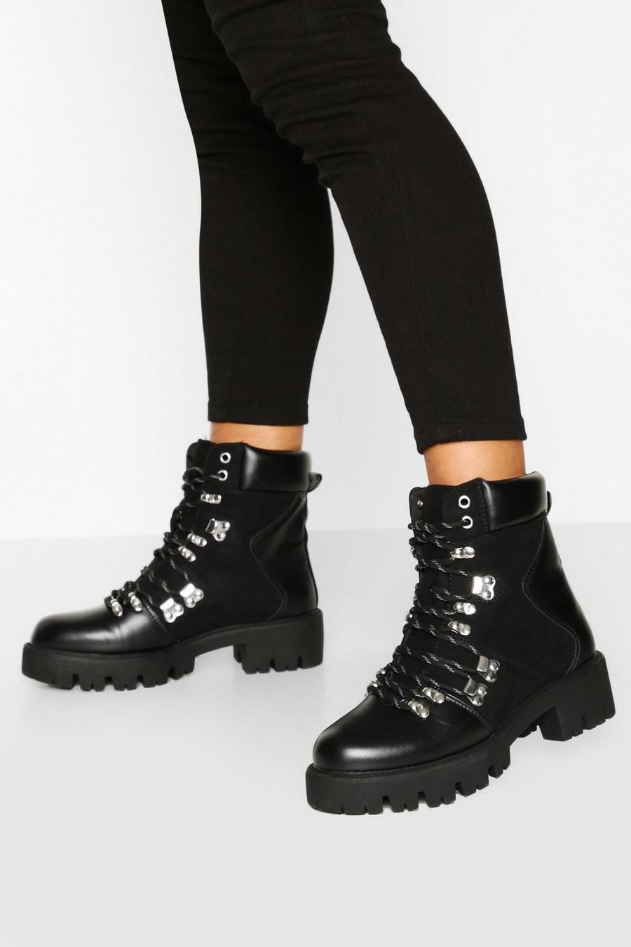 Black Lace Up Cleated Sole Combat Boots image number 1