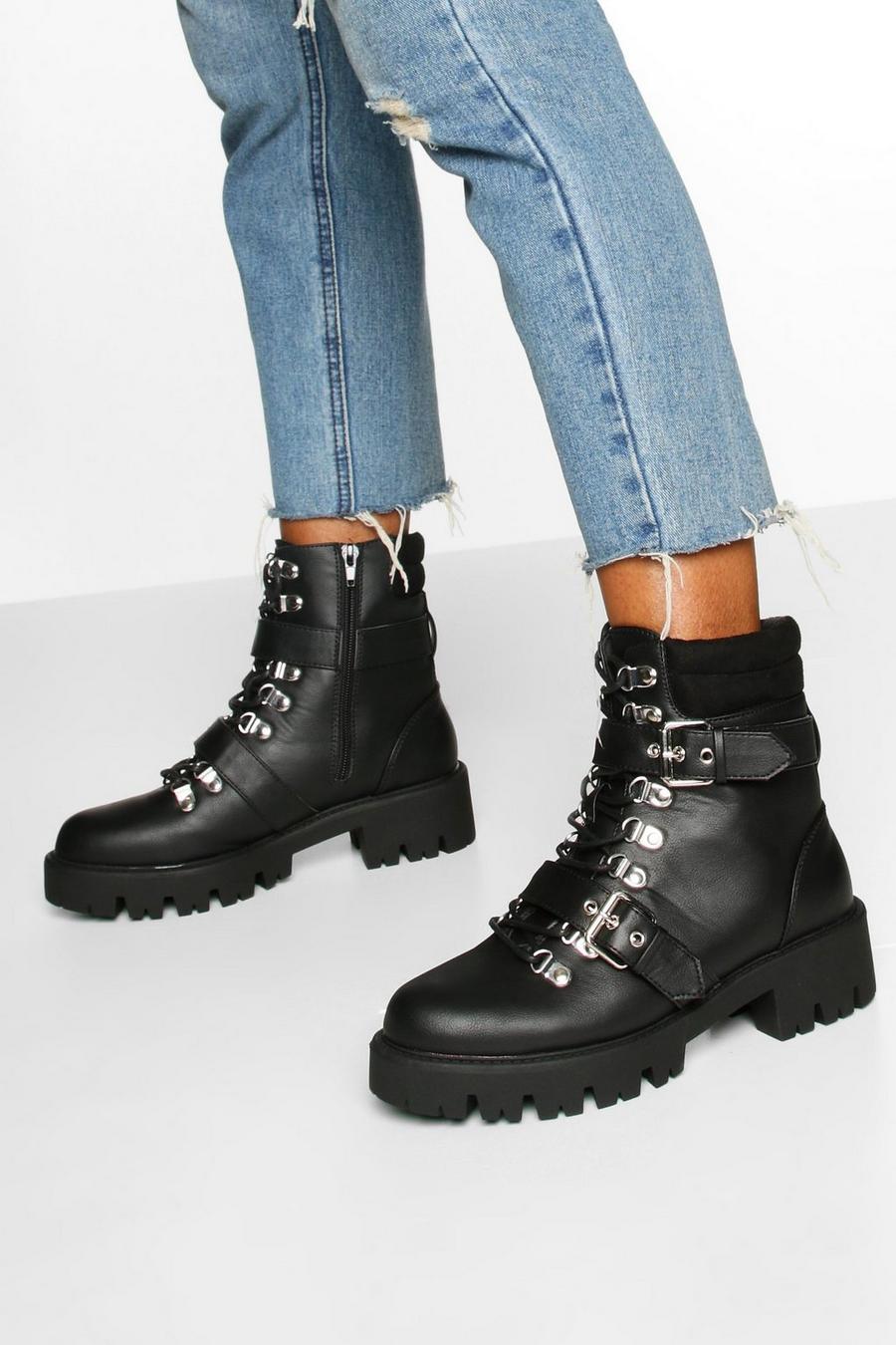 Black Buckle Detail Padded Cuff Combat Boots image number 1