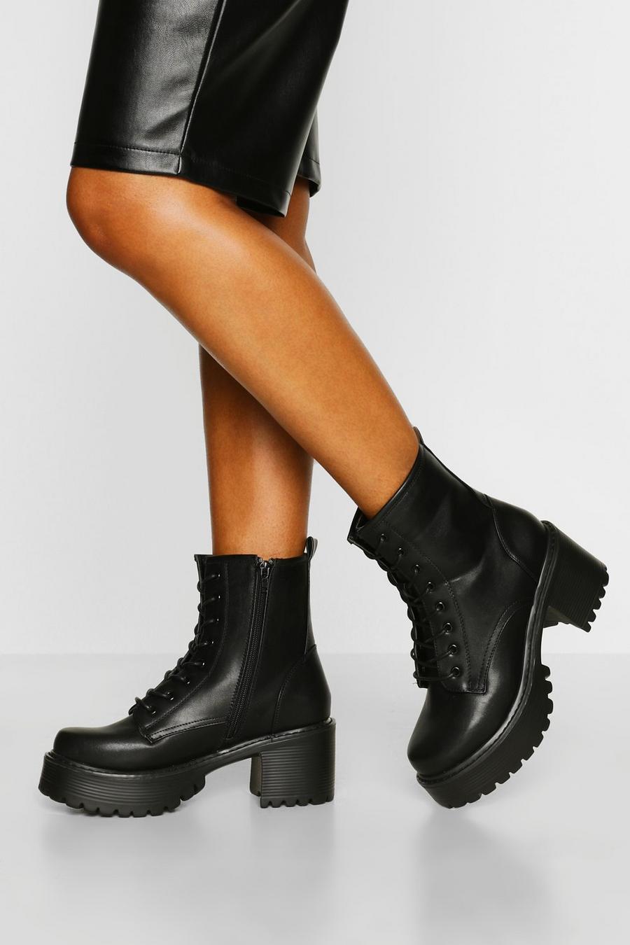 Black Block Heel Lace Up Chunky Hiker Boots image number 1