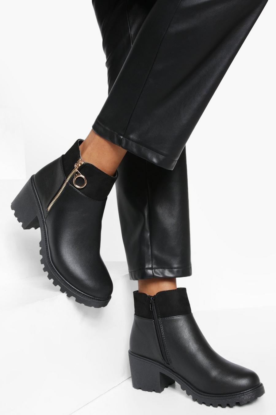 Black svart O Ring Zip Side Block Heel Chelsea Boots