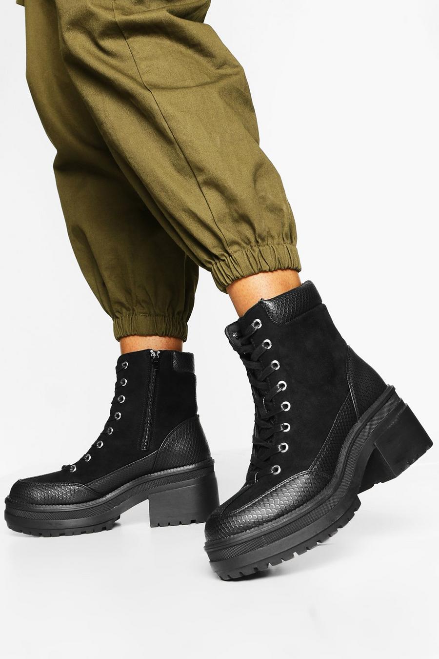 Black Croc Panel Chunky Combat Boots image number 1