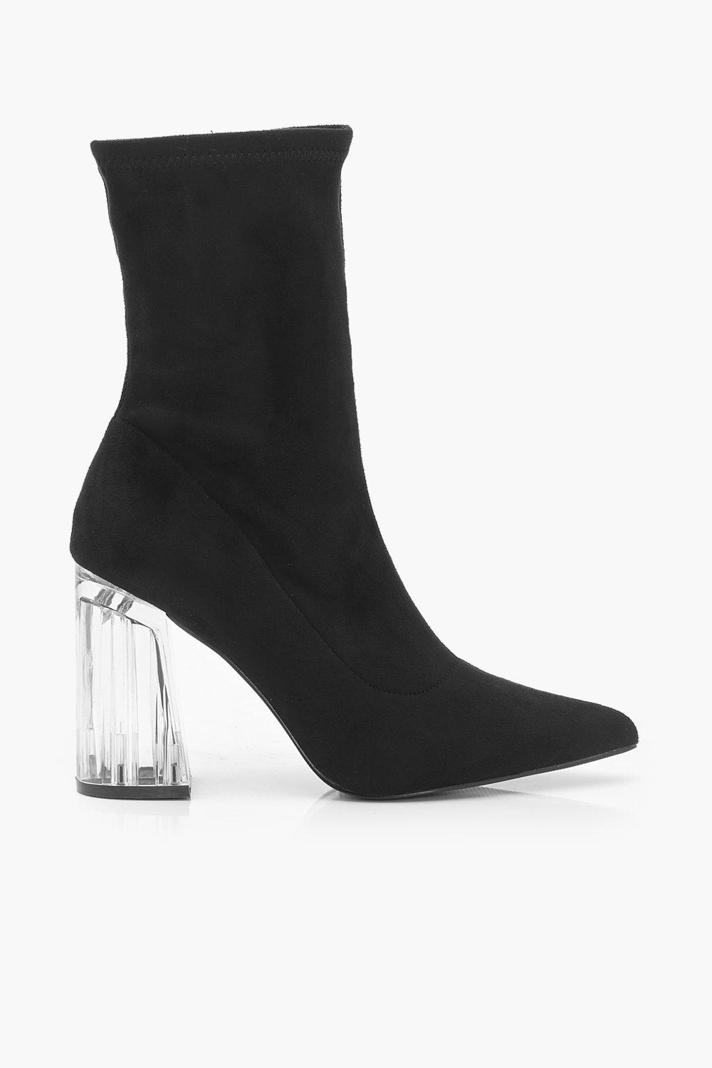 Pointed Toe Clear Heel Sock Boots
