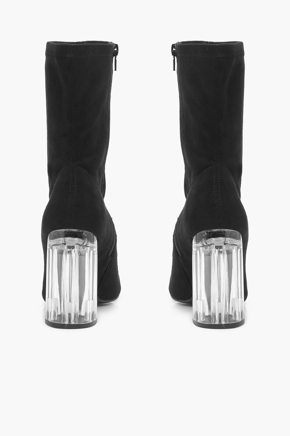 Pointed Toe Clear Heel Sock Boots