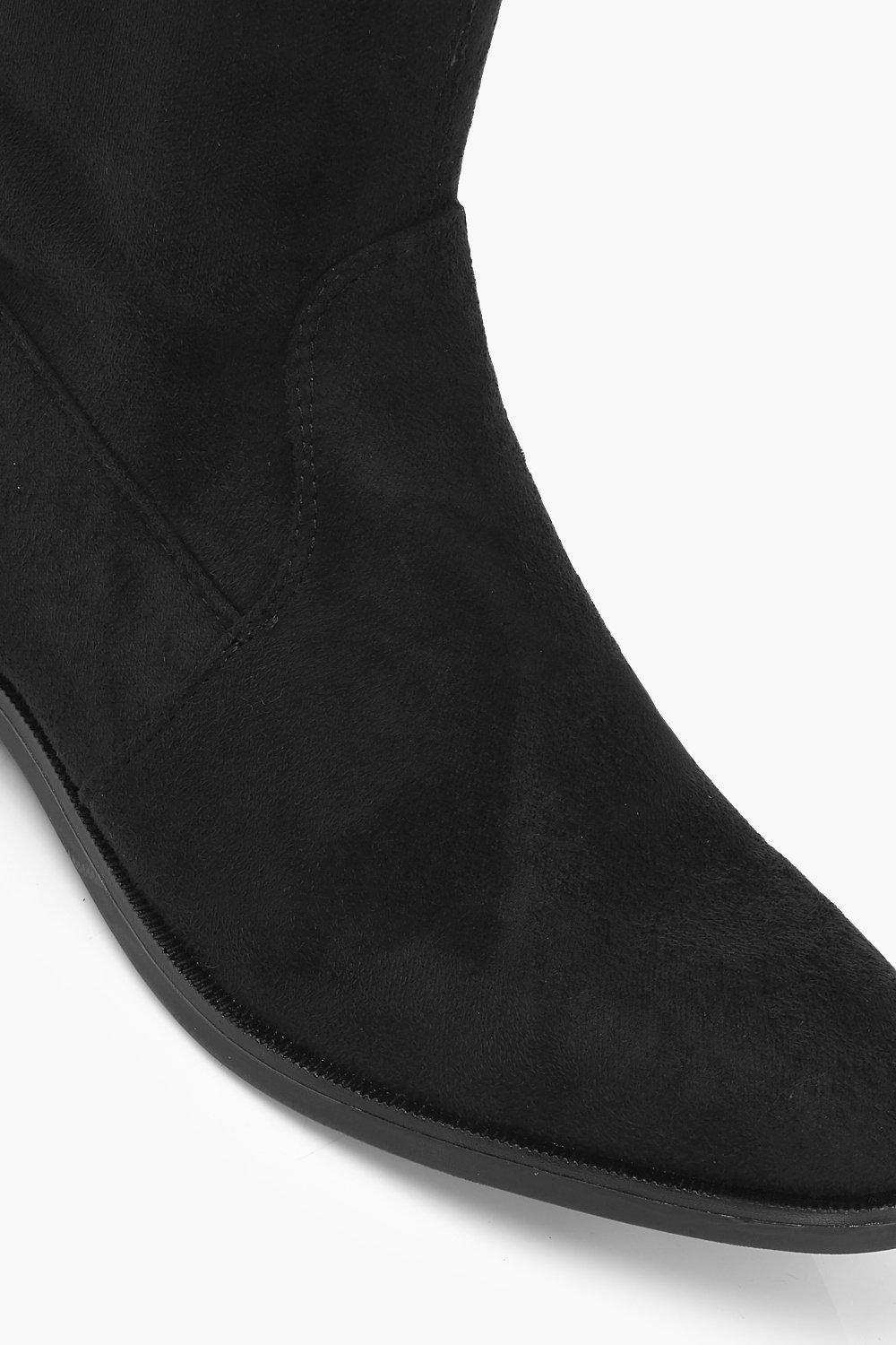 black suede thigh high flat boots