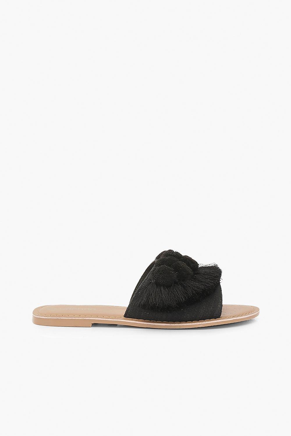 Wide Fit Pom Pom Frill Sliders boohoo