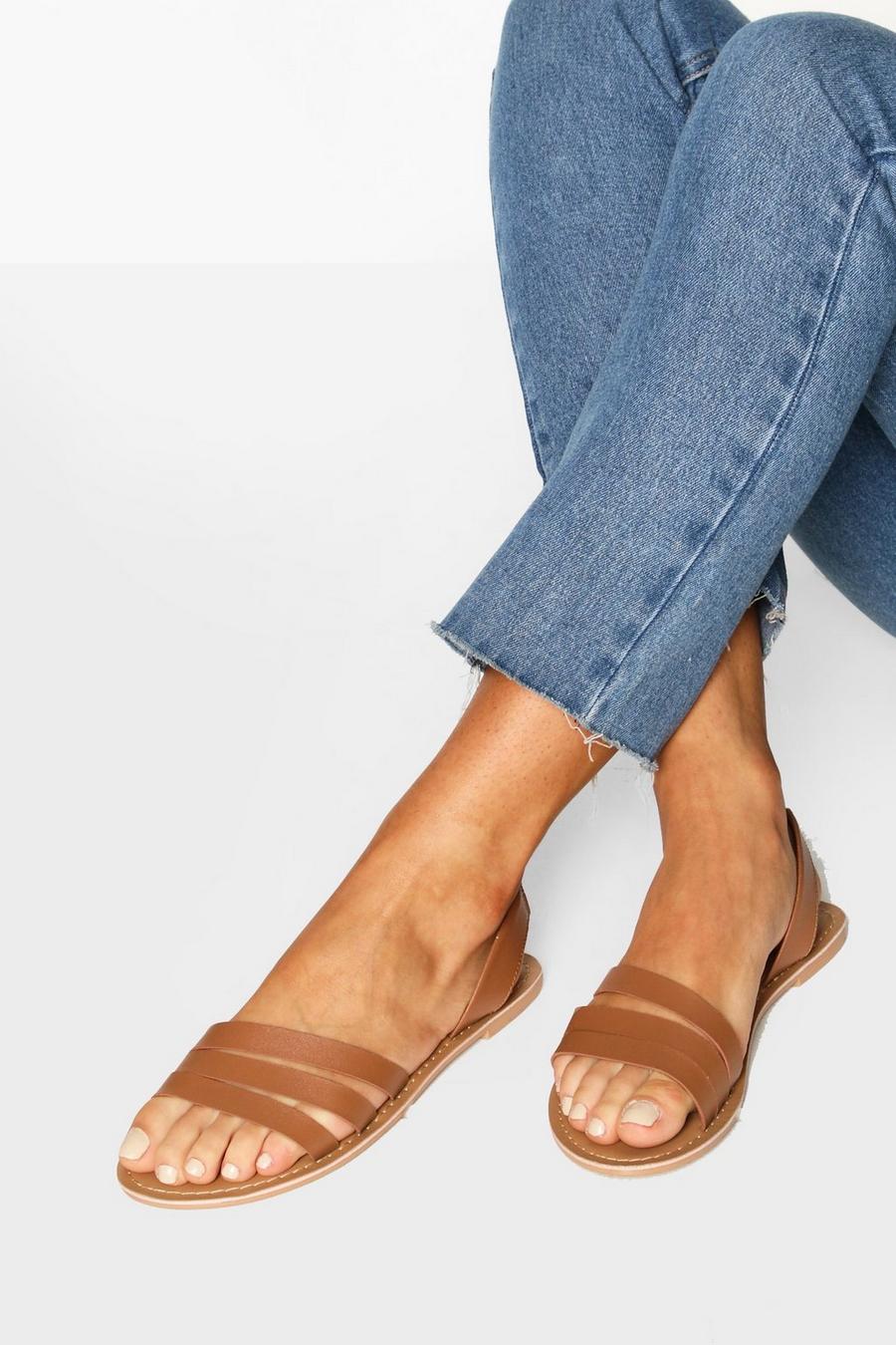 Tan marron Wide Fit Leather 3 Strap Sandals