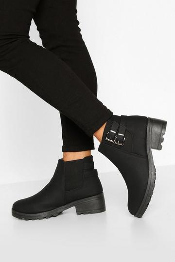 Wide Fit Faux Suede Buckle Detail Block Heel Chelsea Boots black