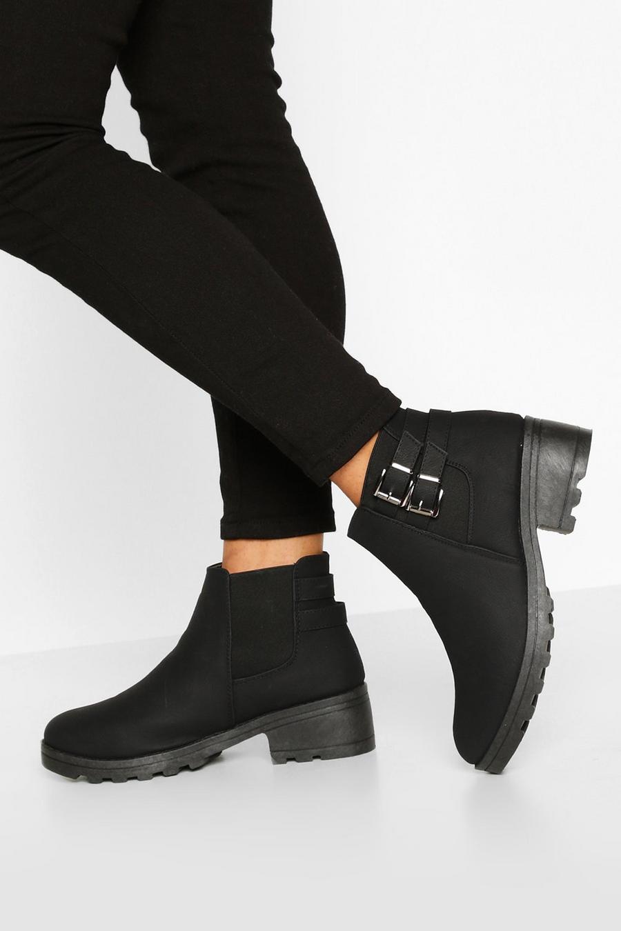 Black Wide Width Buckle Detail Block Heel Chelsea Boots