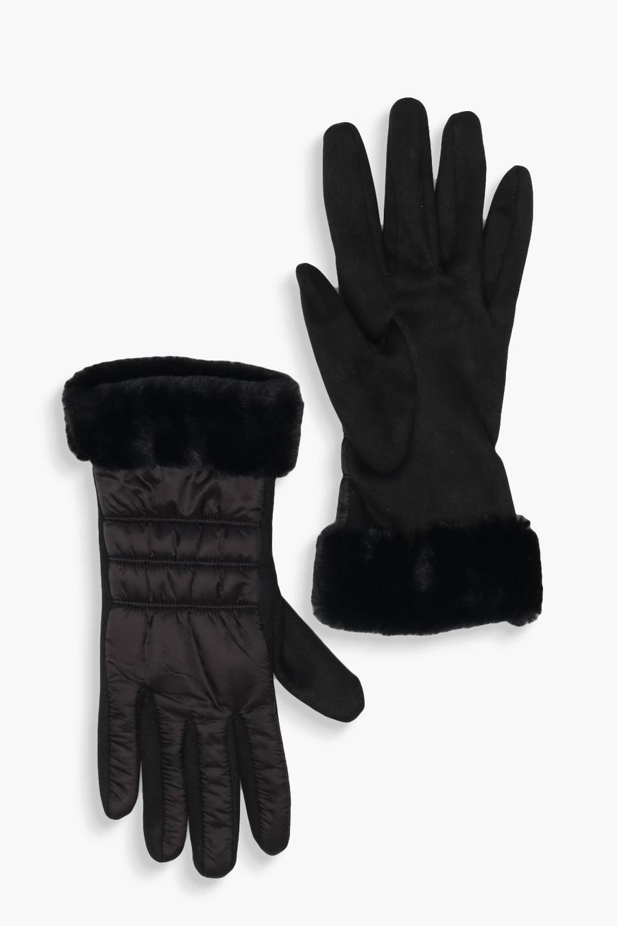 Gepolsterte Handschuhe mit Fake-Fur-Besatz, Schwarz image number 1