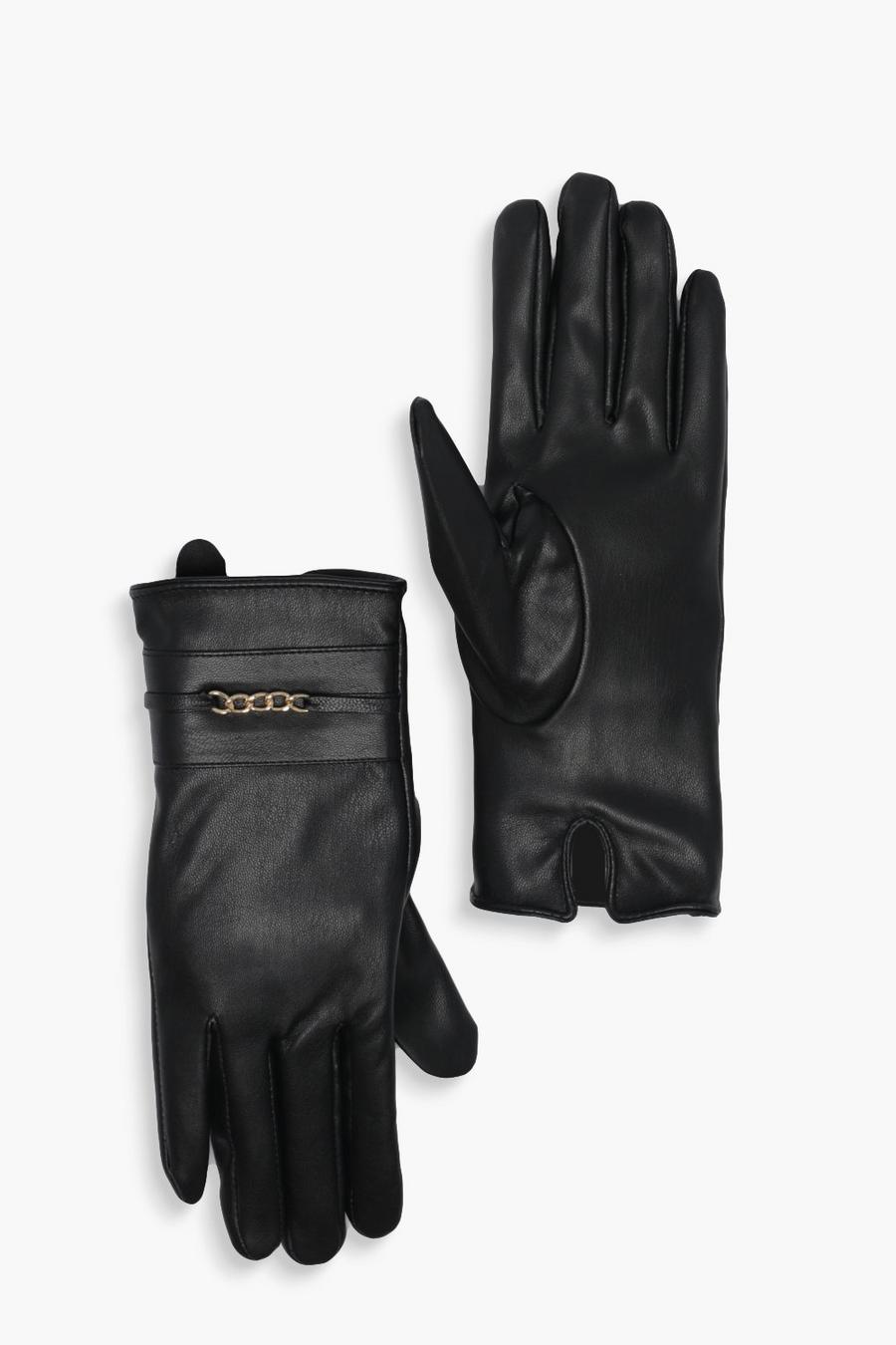 Black PU Glove With Chain Detail image number 1