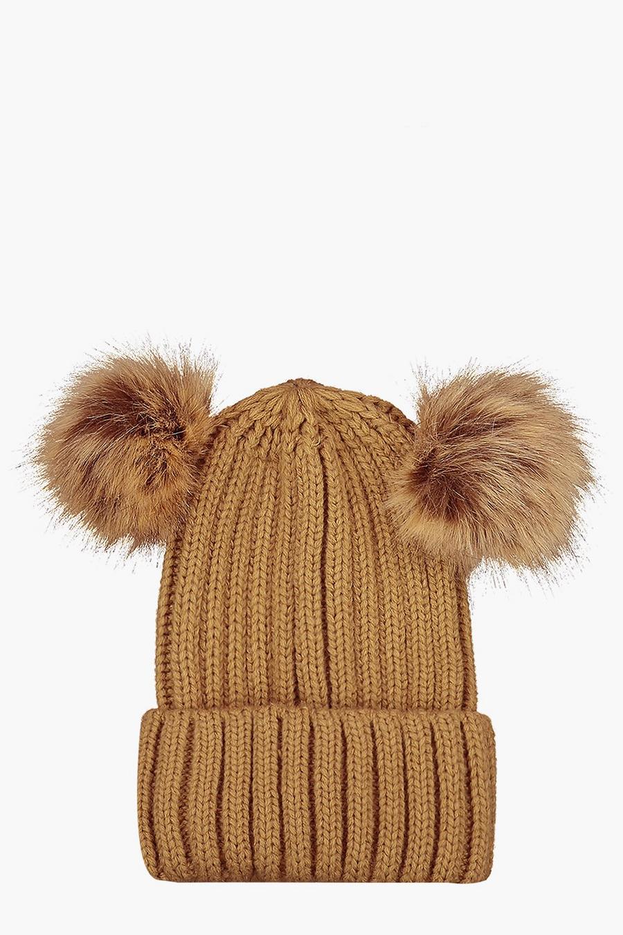 Camel Rib Knit Beanie With Double Faux Fur Pom image number 1