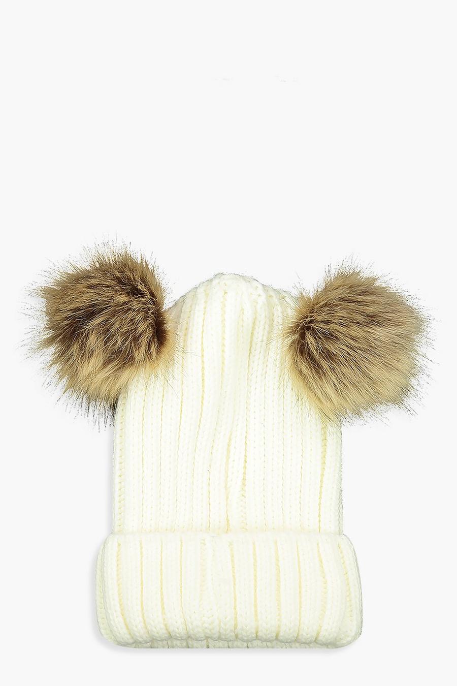 Cream Rib Knit Beanie With Double Faux Fur Pom image number 1