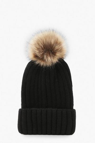 Rib Knit Beanie With Large Faux Fur Pom black