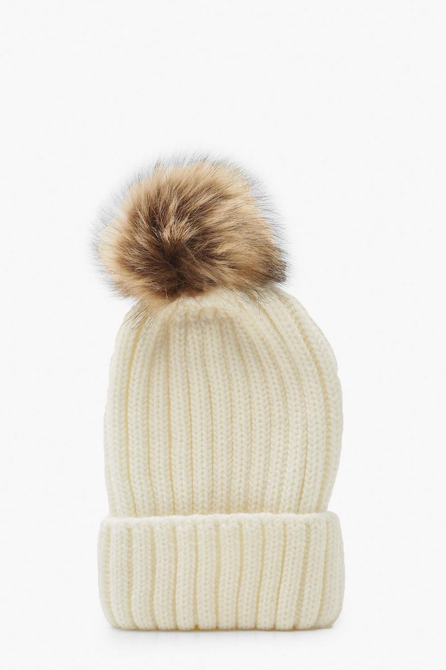 Cream Ribbed Knit Beanie With Large Faux Fur Pom