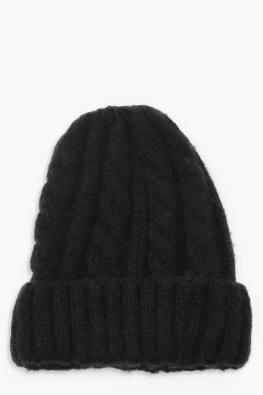 Black Chunky Mixed Marl Cable Knit Beanie image number 1