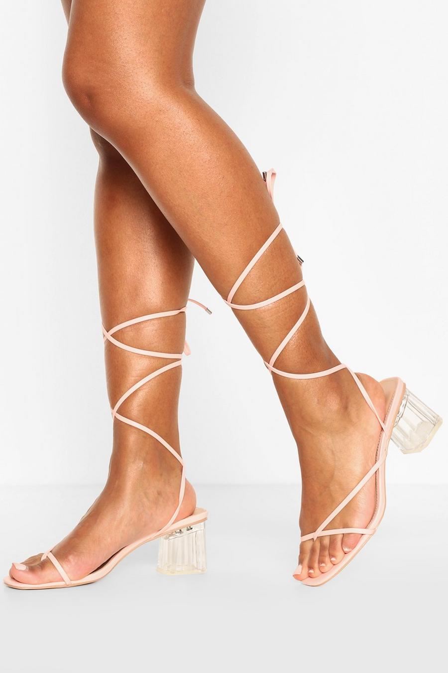 Pink Strappy Clear Low Block Heels image number 1