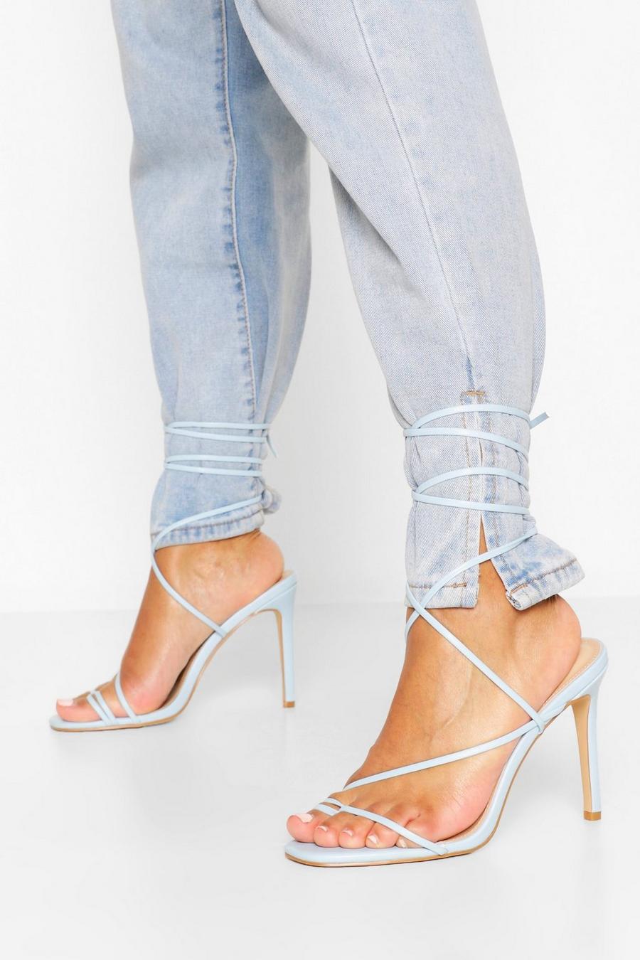 Blue Strappy Wrap Ankle Tie Heel Sandals image number 1