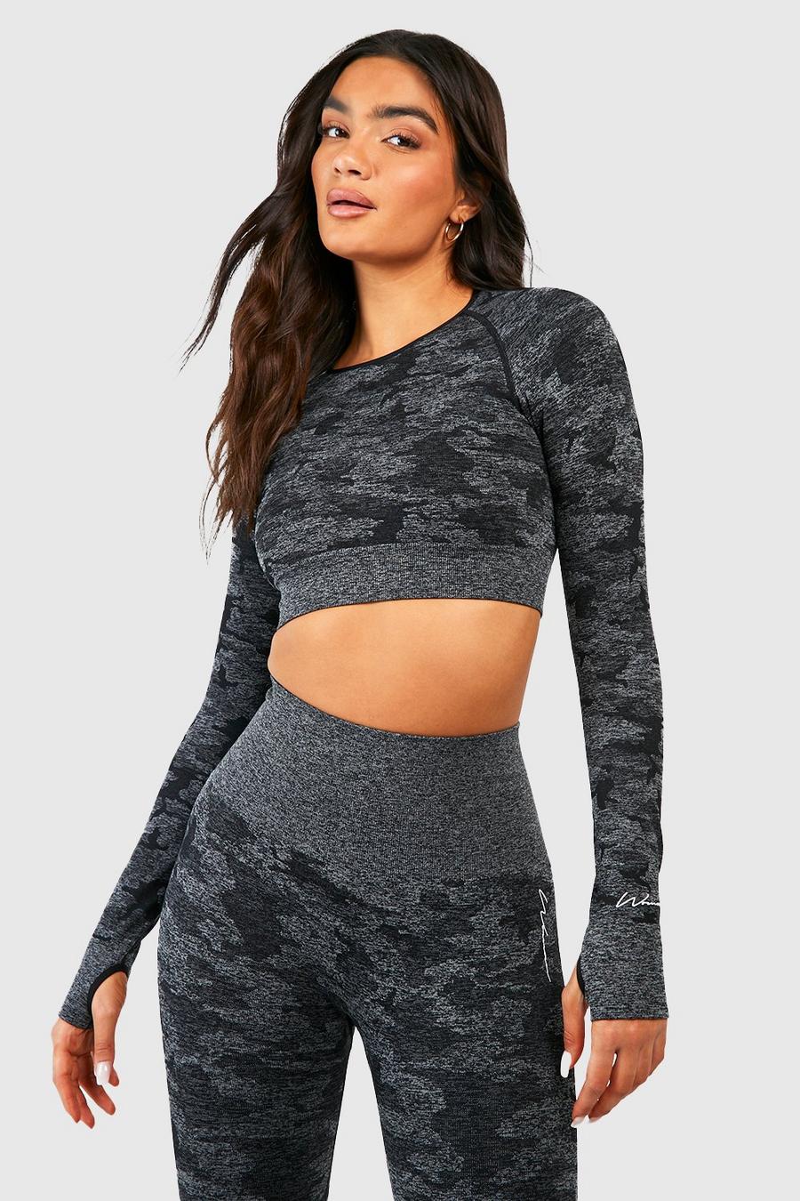 Black Fit Camo Contouring Long Sleeve Crop Top image number 1
