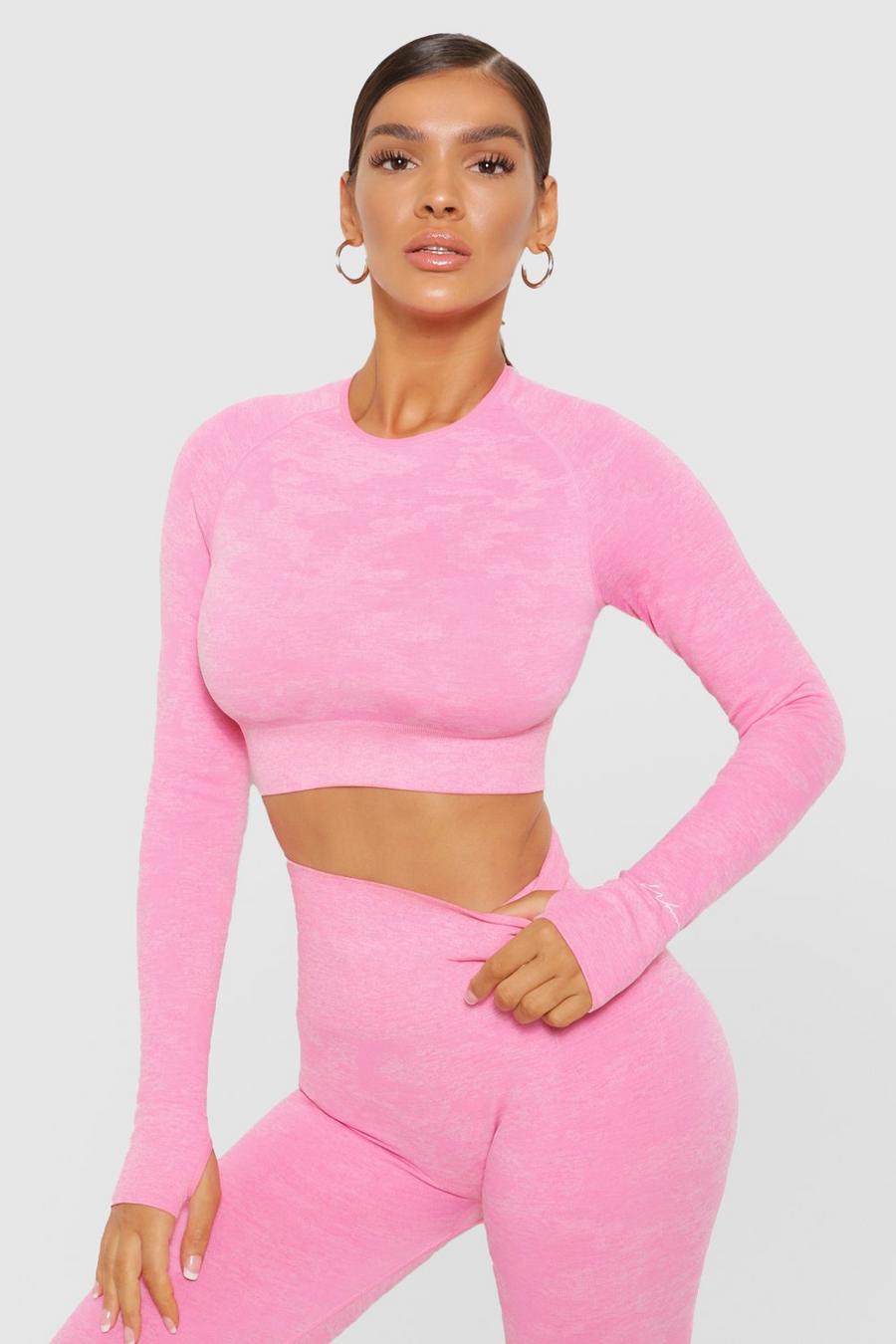 Pink Fit Camo Contouring Long Sleeve Gym Crop Top image number 1