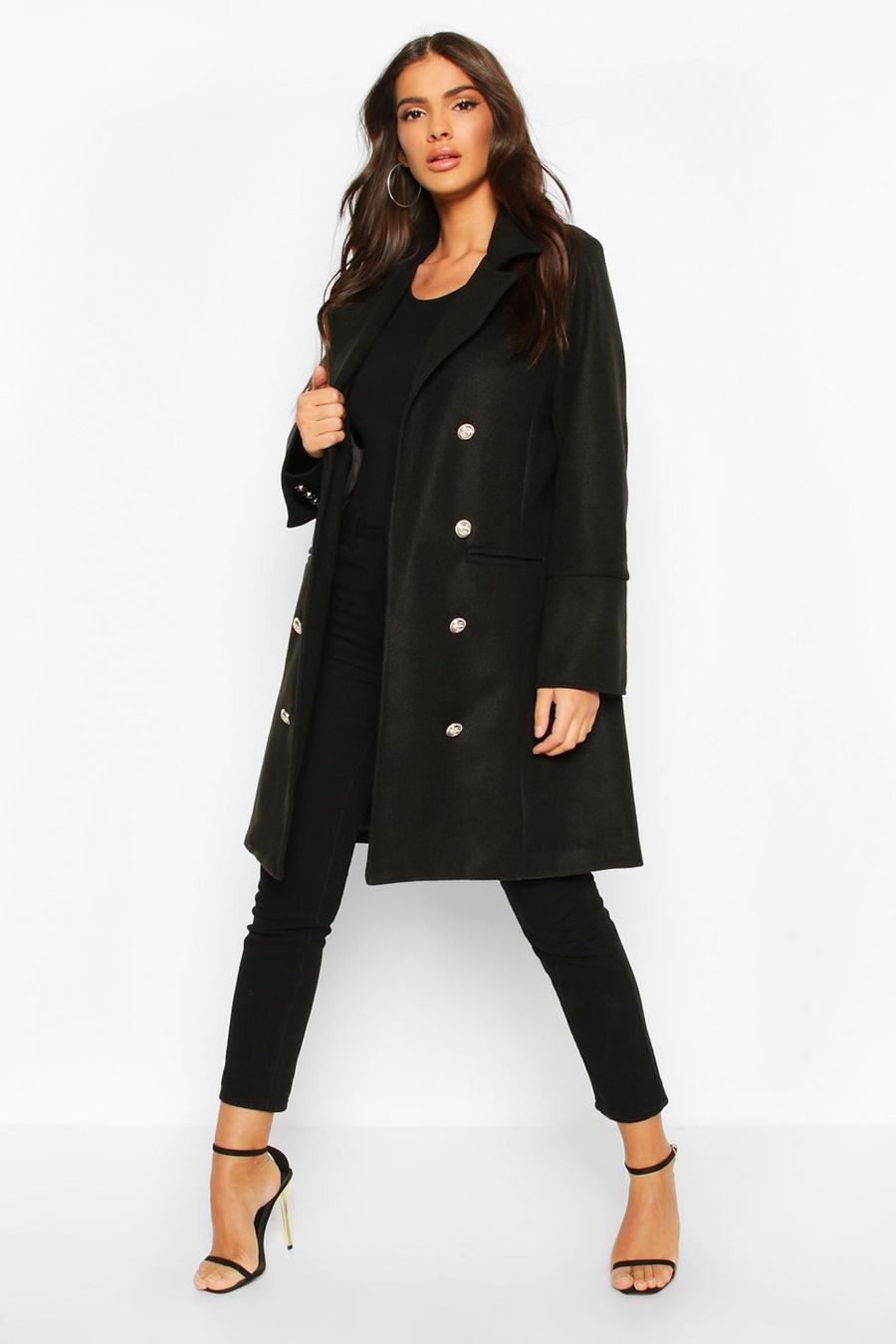 Military Button Double Breasted Wool Look Coat, Black image number 1