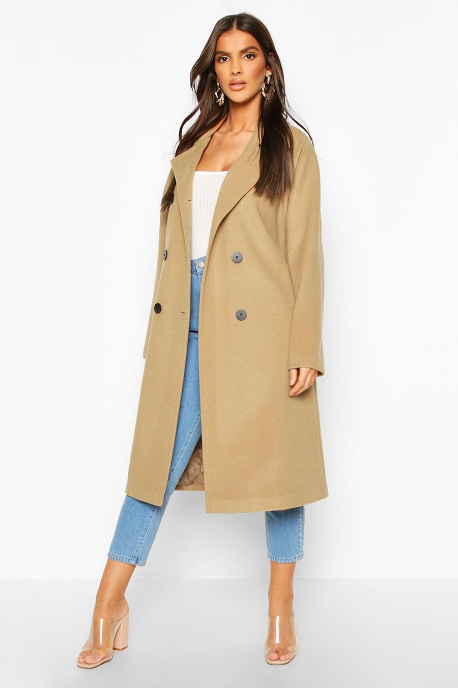 Camel Double Breasted Belted Wool Look Coat image number 1