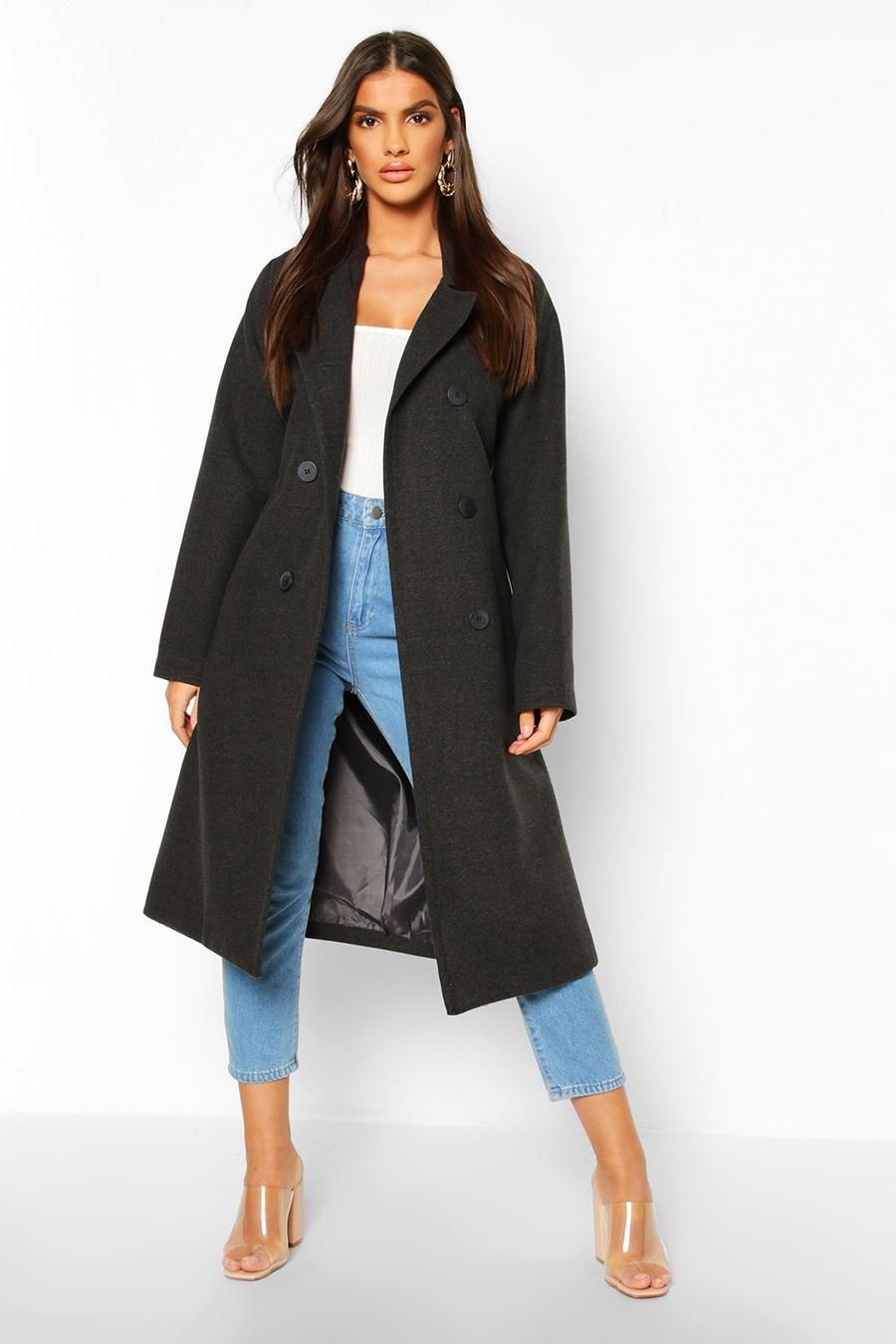 Charcoal grey Double Breasted Belted Wool Look Coat