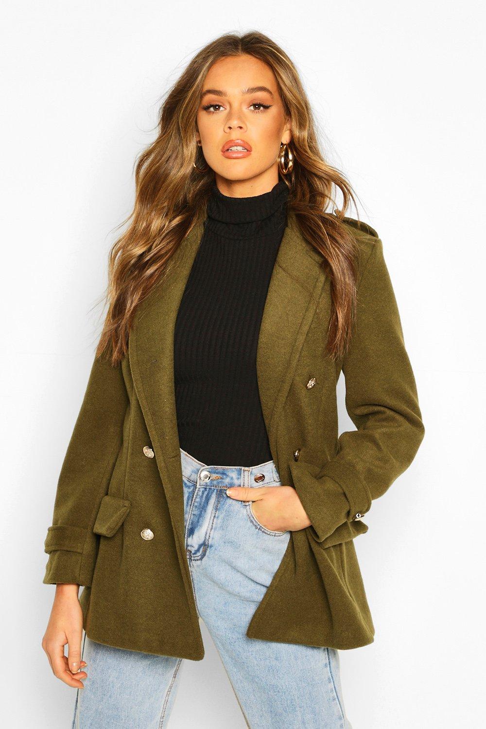 Double Breasted Military Wool Look Coat