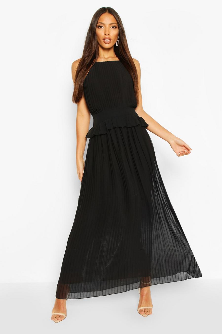 שחור שמלת מקסי עם קפלים ומותן מסולסלת image number 1