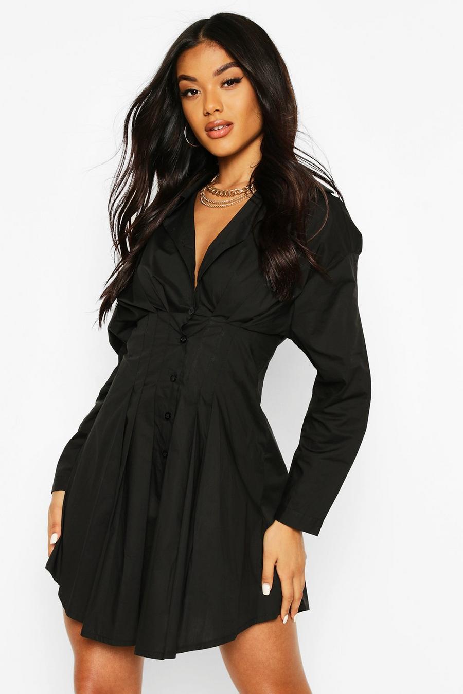 Black svart Drop Shoulder Cotton Fitted Shirt Dress image number 1