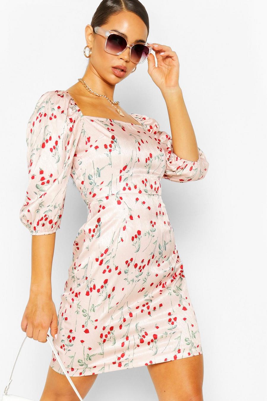 Mini-Kleid aus Satin mit Karree-Ausschnitt und Rosen-Print image number 1