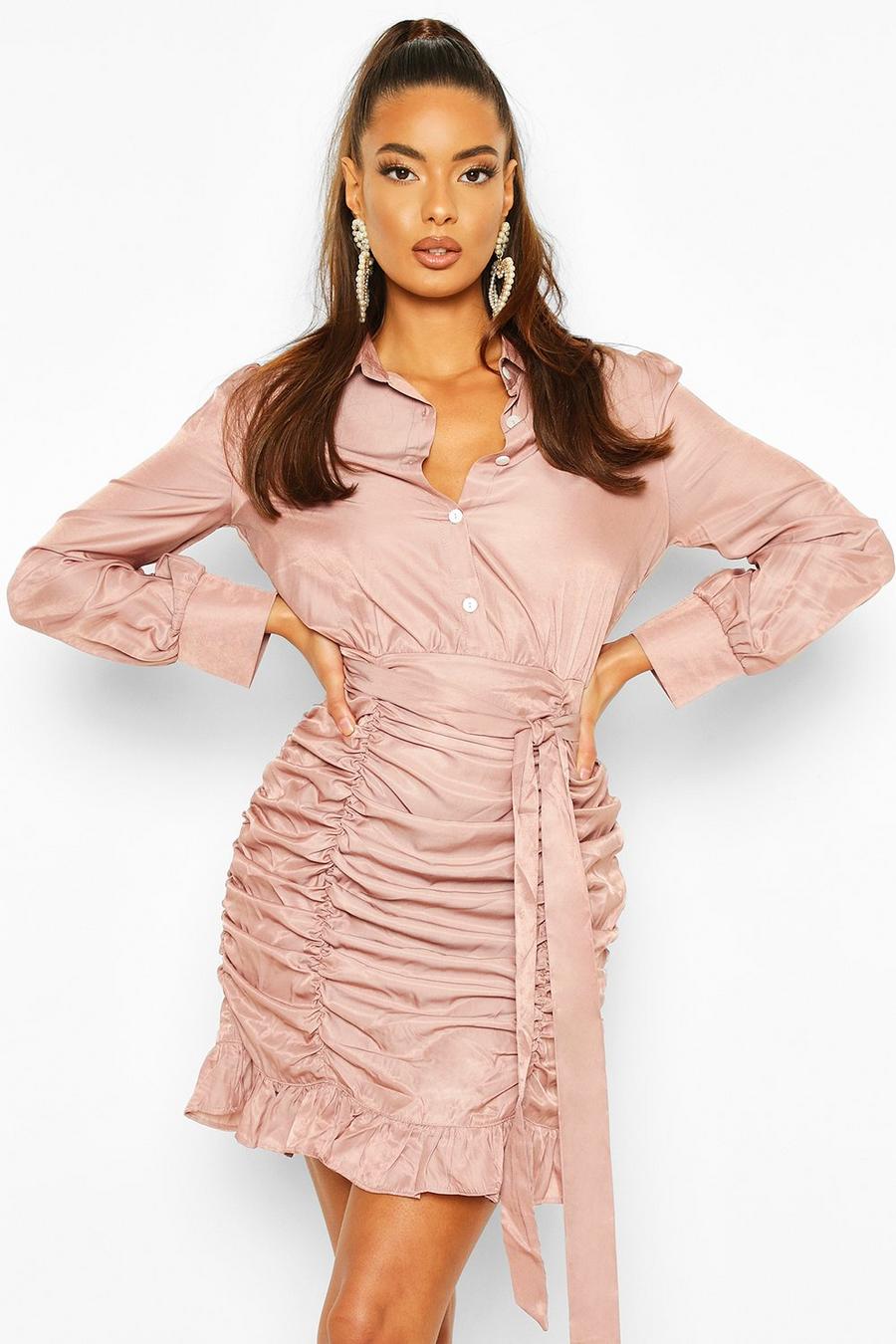 Rose Ruched Skirt Bodycon Shirt Dress image number 1