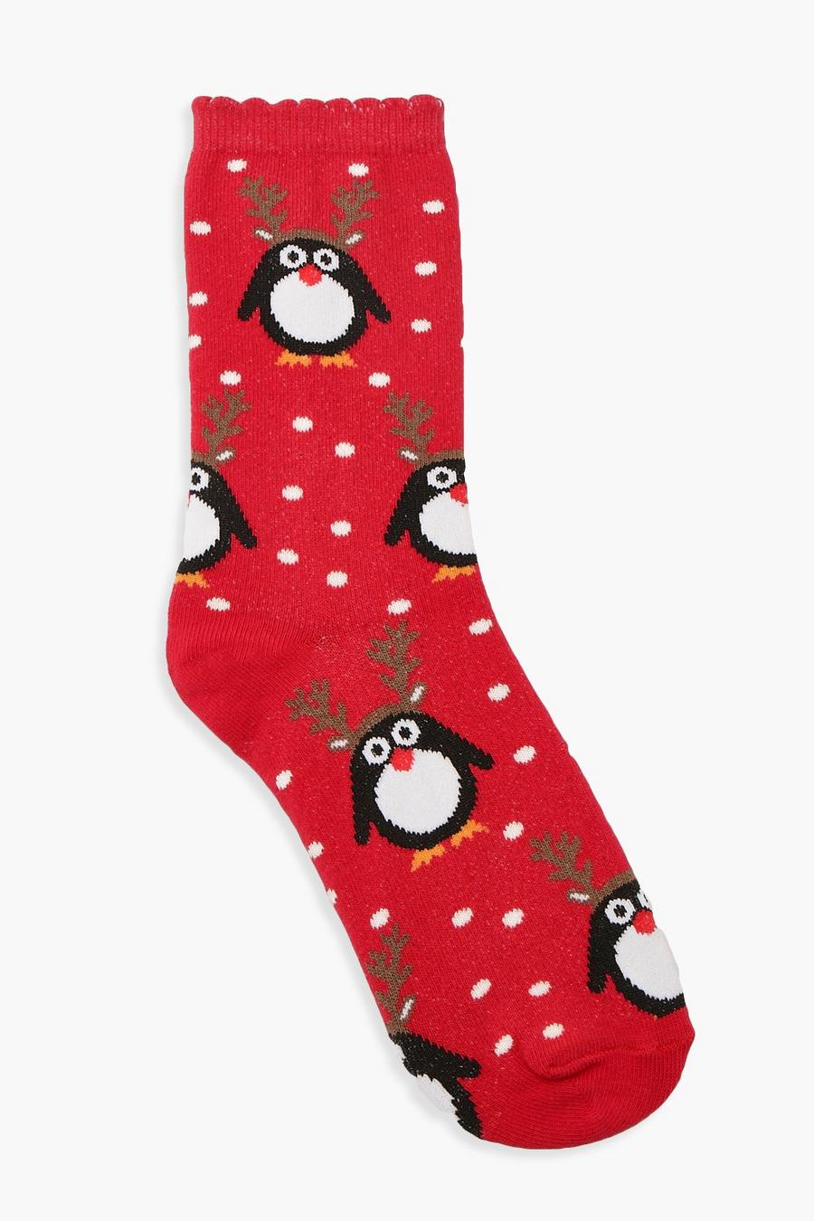 אדום גרביים עם הדפס פינגווינים חג המולד image number 1