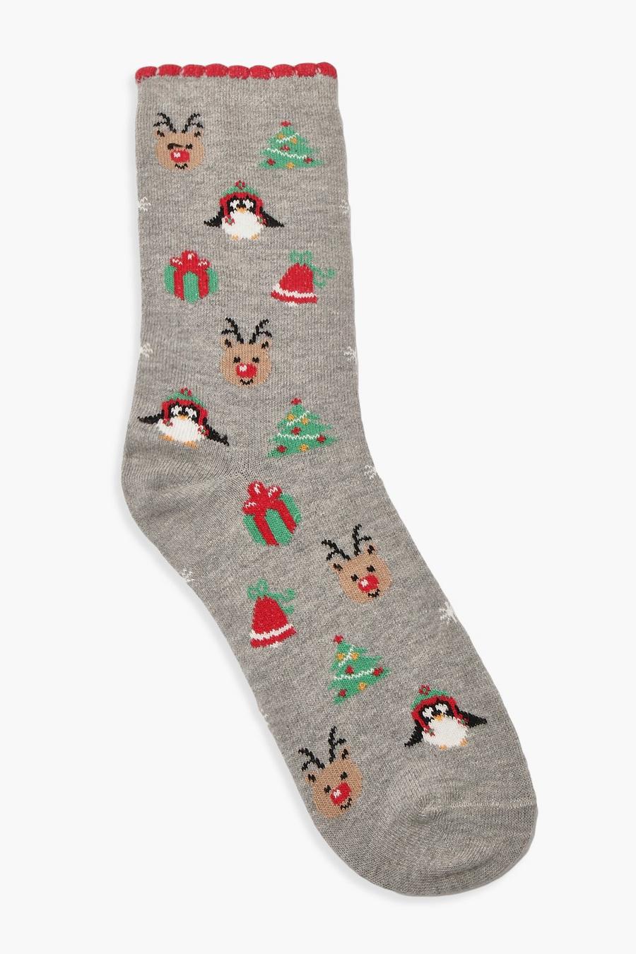 אפור גרביים עם הדפס עץ ואייל חג המולד image number 1
