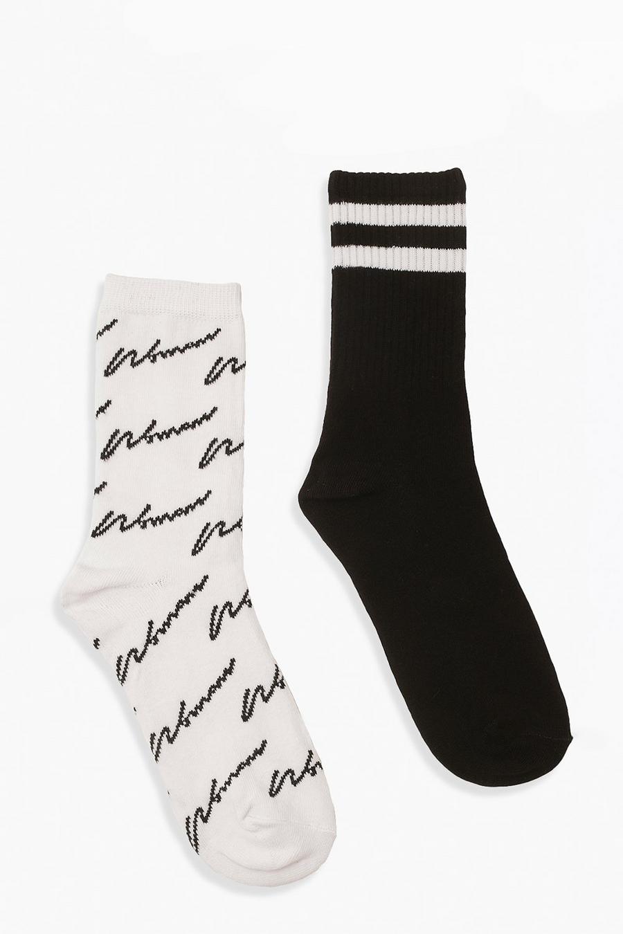 Pack de 2 pares de calcetines a rayas y con inscripción Woman, Negro image number 1