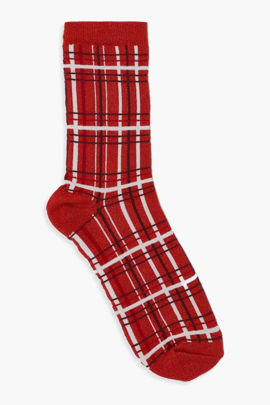 Glitzernde Socken mit weihnachtlichem Tartanmuster, Rot image number 1